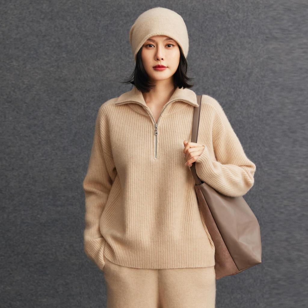 Women's Cashmere Floral Half-Zip Pullover - Autumn/Winter Lazy Style Knitwear