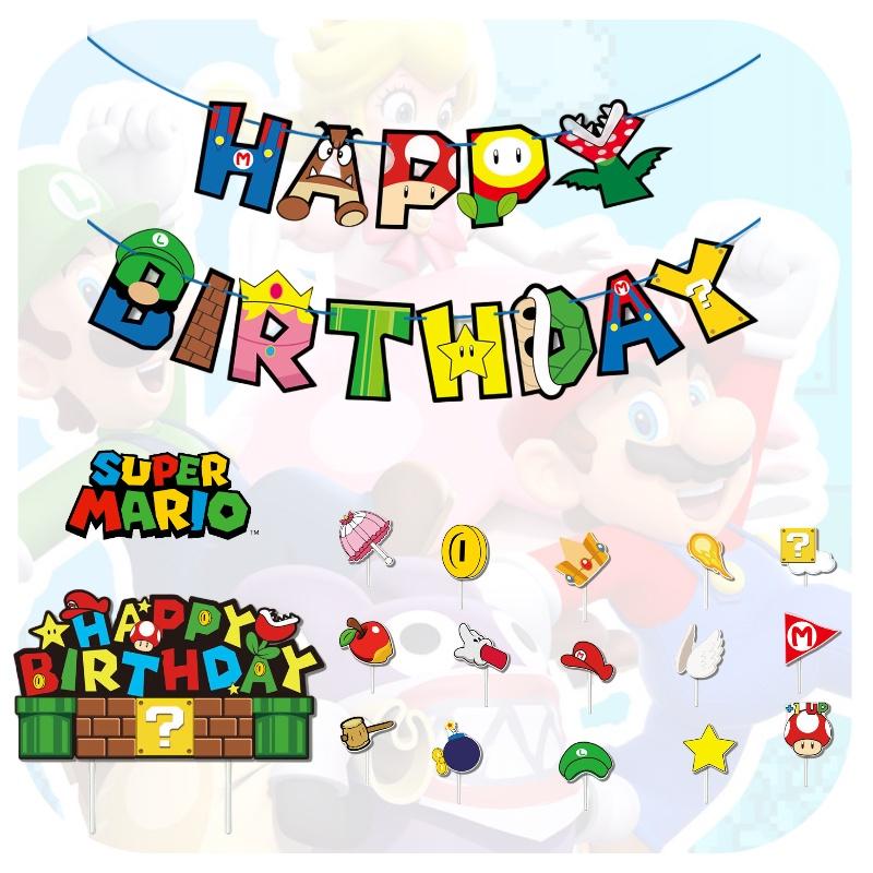 Super Mario Birthday Party Decoration Set Cartoon Themed Flags And Cake Toppers