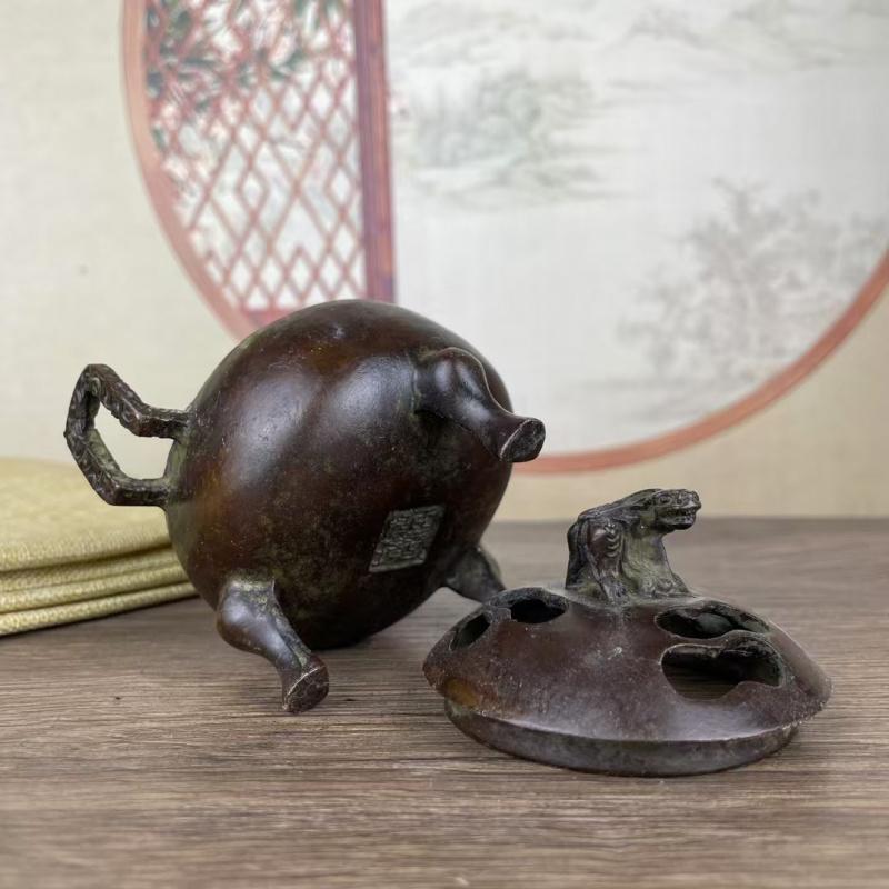 Style Double-Eared Three-Legged Incense Burner Ornament Antique Collection Alloy Beast Lid Furnace Home Buddha Hall Deco