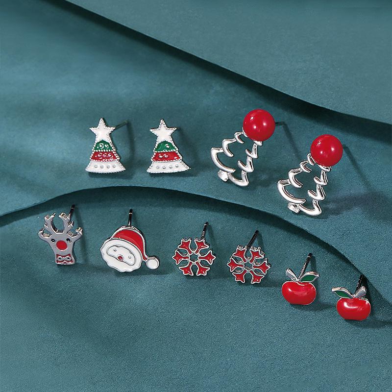 European & American Christmas-Themed Red Enamel Reindeer Santa Claus Stud Earrings for Women