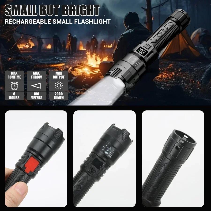 High Power LED Flashlight Tactical Torch USB Rechargeable Power Display Zoom Waterproof Lamp Camping Fishing Emergency Outdoor