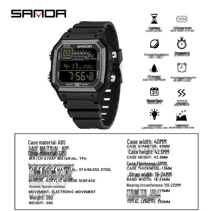 SANDA Square Multi-Function Digital Sports Watch: Waterproof, Luminous, Ideal for Students and Parties