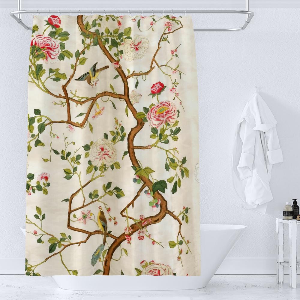 Watercolor Floral and Birds Floral Shower Curtain with Hooks - Waterproof and Minimalist Design for Bathroom Home Decor Curtain