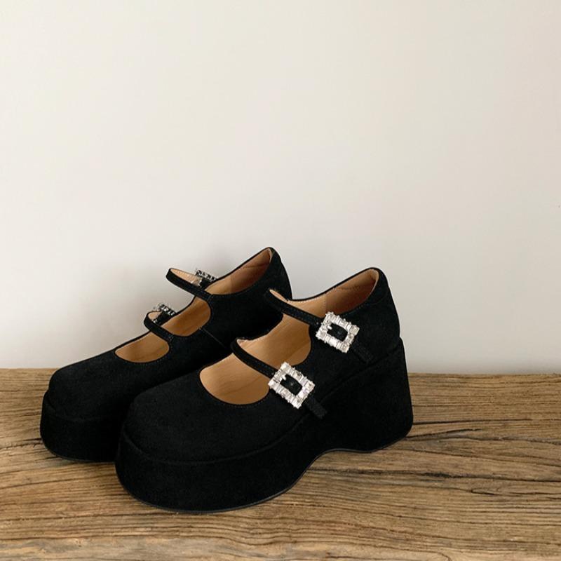 Fashion 2025 New Spring Platform Mary Jane Elegant Shoes Round Toe Crystal Belt Buckle Wedges Pumps Flat Platform Shoes