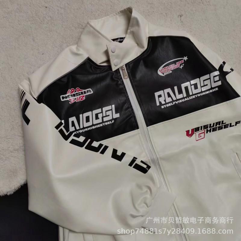 Vintage Motorcycle Racing Jacket PU Leather Biker Coat Stand Collar Black White Contrast Unisex Streetwear Outerwear