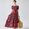 Bohemian Cotton-Silk Floral Printted Off-the-Shoulder French-Style Summer Dress for Women Ethnic-Style Elastic Waistband Pleayed Long Dress