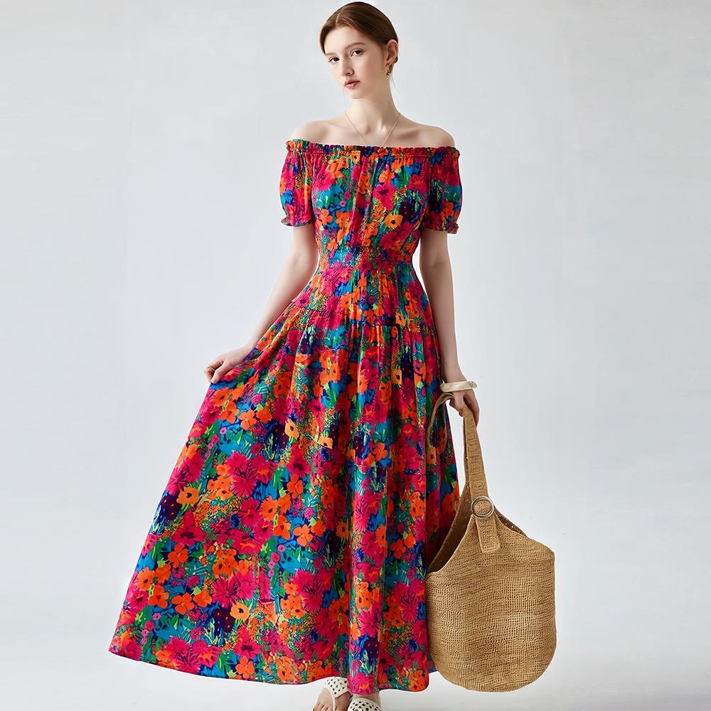 Bohemian Cotton-Silk Floral Printted Off-the-Shoulder French-Style Summer Dress for Women Ethnic-Style Elastic Waistband Pleayed Long Dress