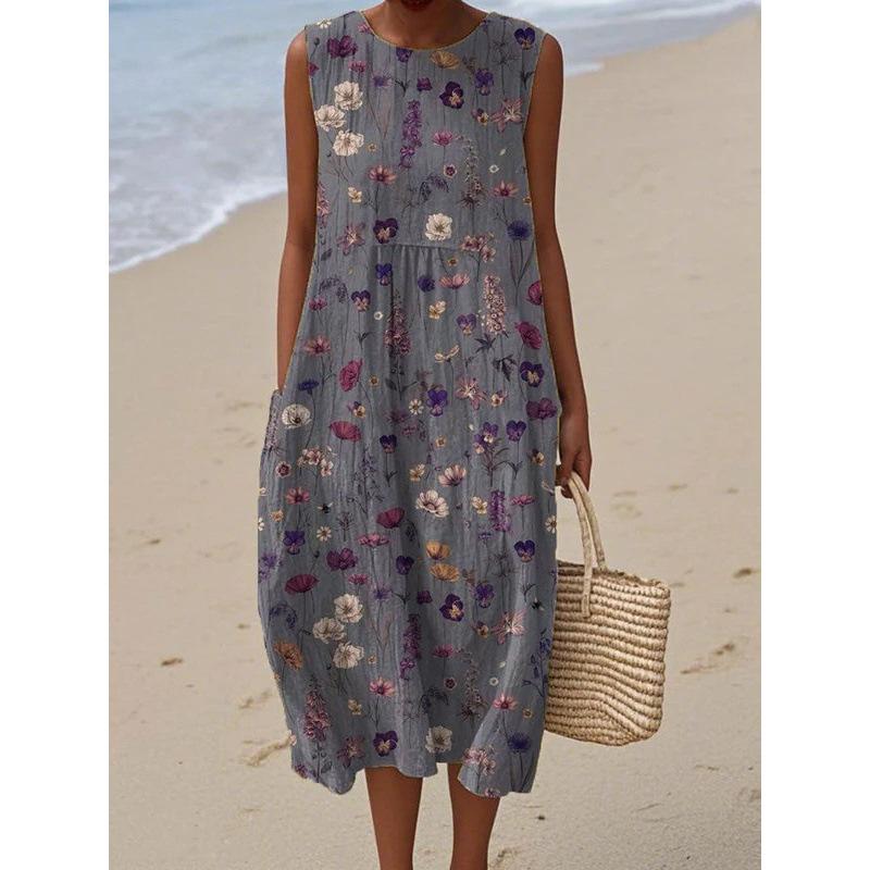 Summer new sleeveless pocket casual printing temperament long dress dress slim dress