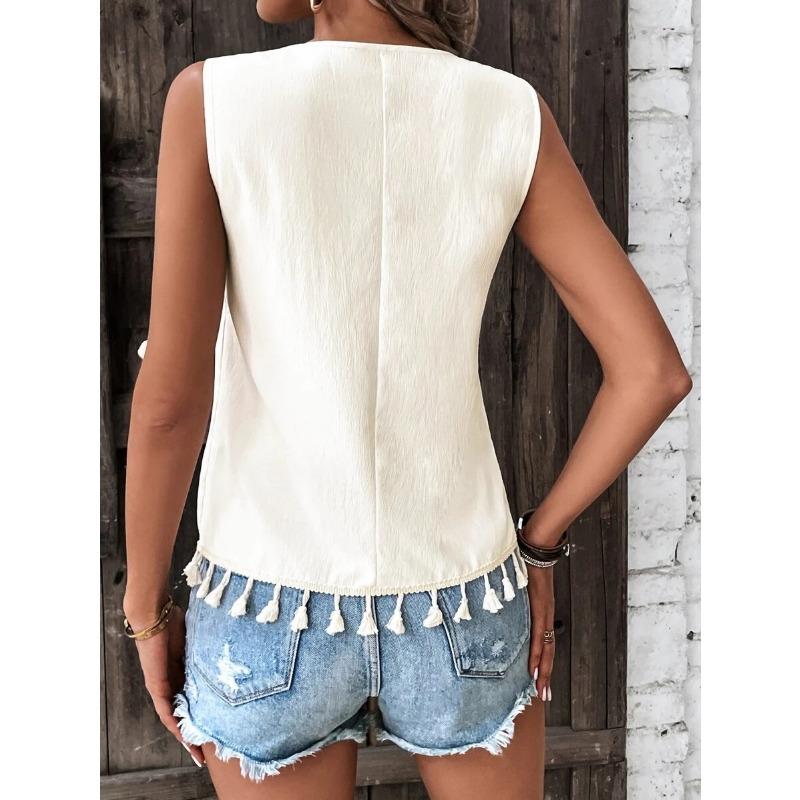 VEZFAA Women's Fashion Casual Summer Spring Sleeveless V-Neck Blouses & Shirts