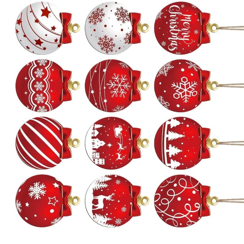 12PCS Wooden Christmas Ball Ornaments Hanging Pendant Festival Home Decoration Decorative Holiday Party Supplies