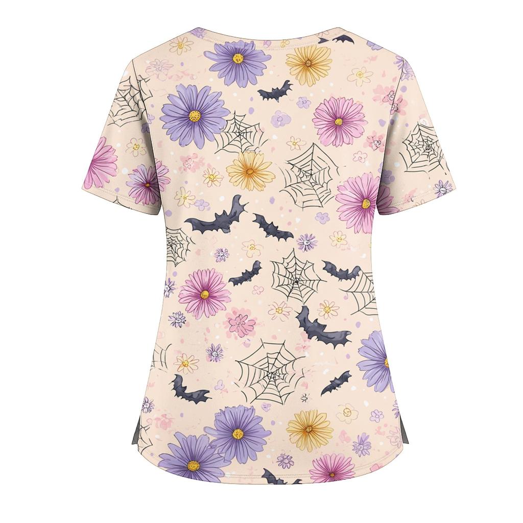 Damenmode V-Ausschnitt Kurzarm Overalls mit Taschen Print Tops Kleidung