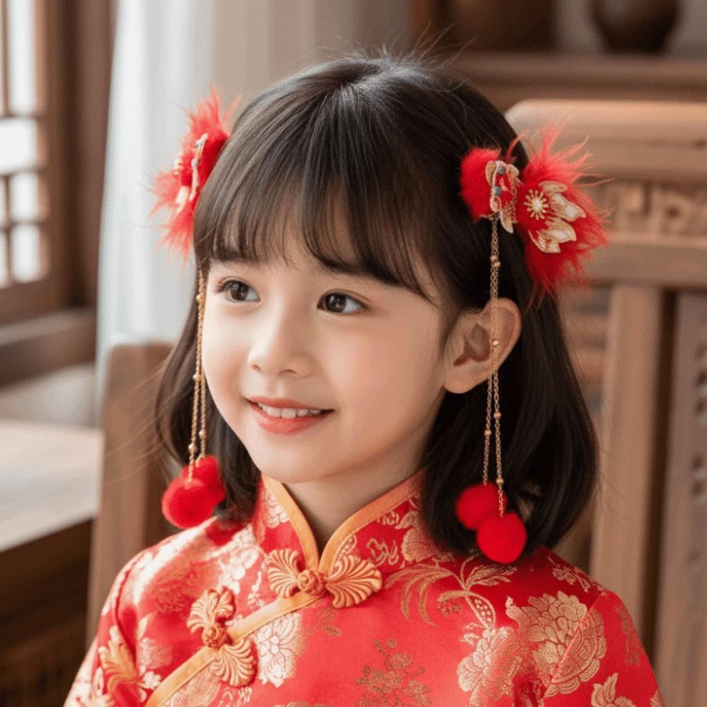 1 Pair Flower Hanfu Red Hair Clips Pearl Bow Tassel Hairpin New Year Headwear  Children