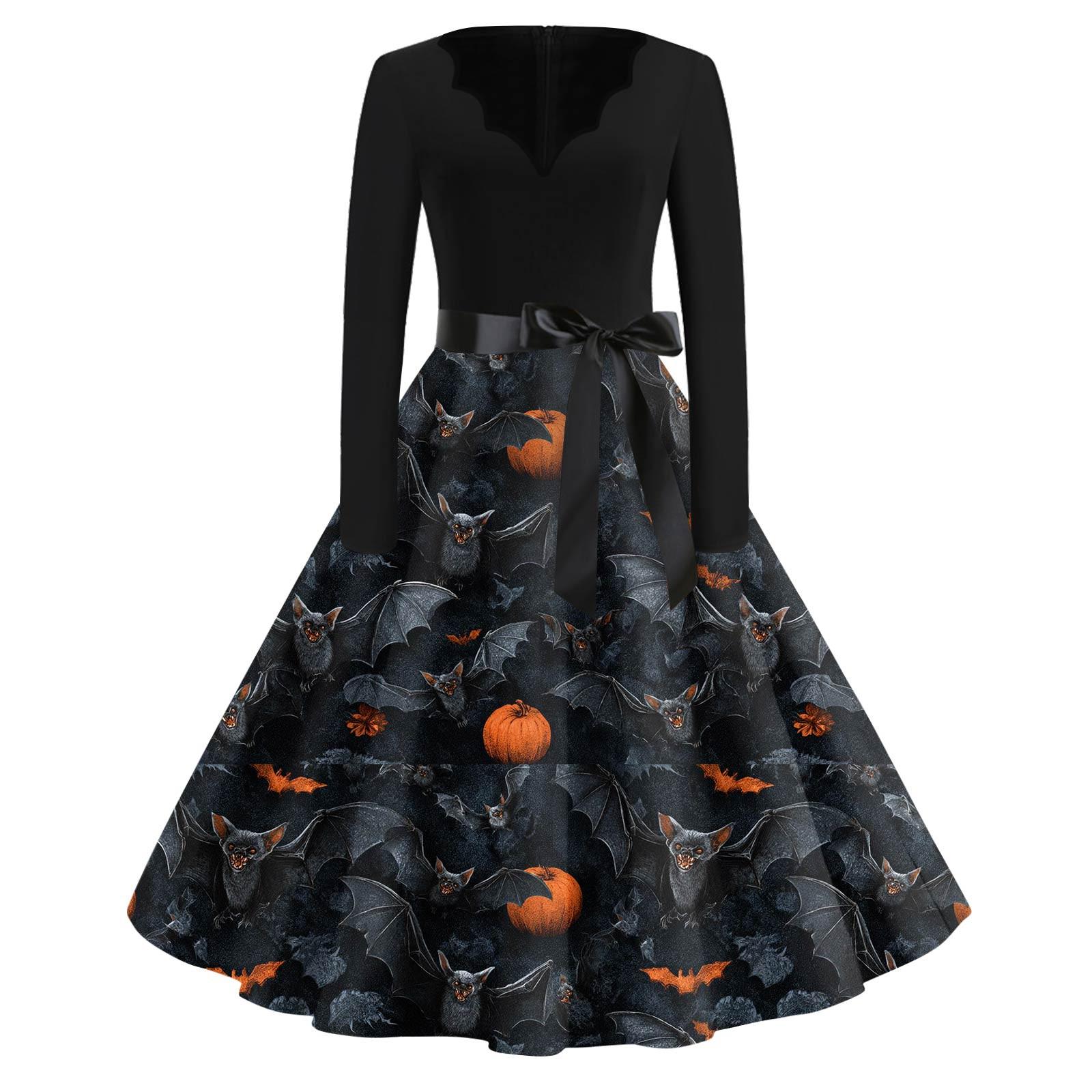Women s Fashion V-Neck Casual Slim Halloween Printed Long Sleeve Dresses M