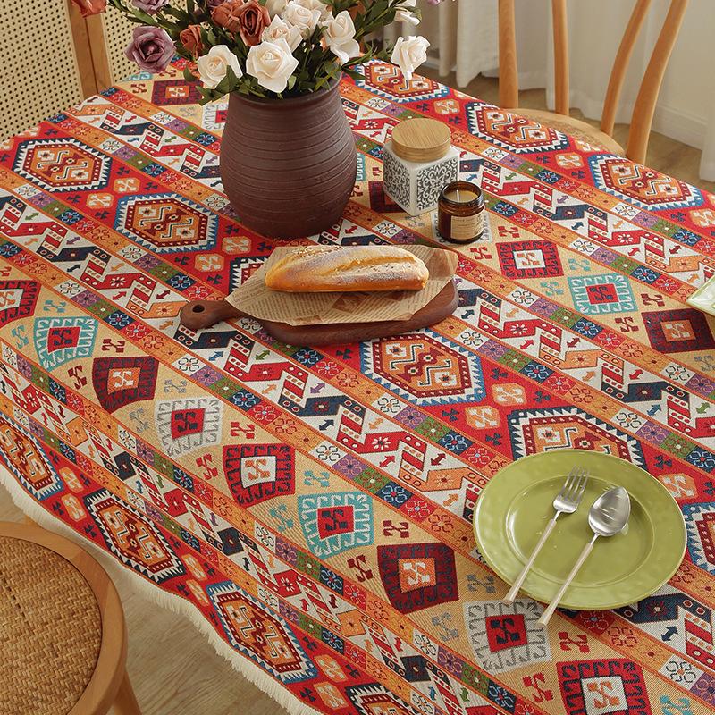 Bohemian Fringed Tablecloth American Retro Jacquard Cotton Linen Heavy Duty Dining Table Cover