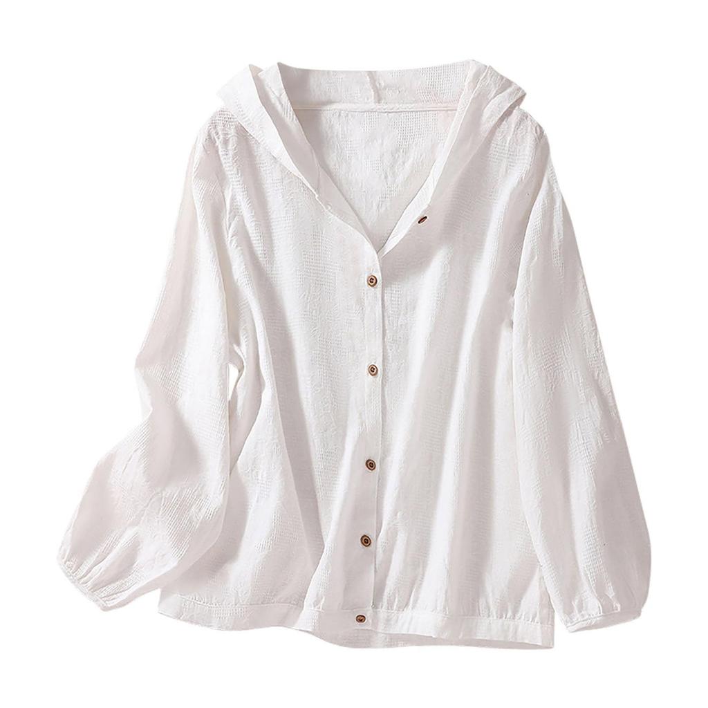 Women's Fashion Solid Color Cotton  Embroidery Loose Casual Hundred Hooded Cardigan Long Sleeve Top