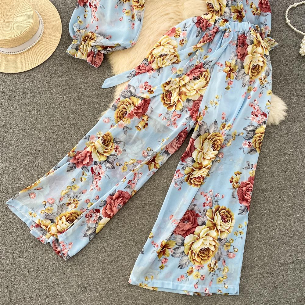Fashion Set Women's  Long Sleeve Square Neck Slim Fit Chiffon Shirt 2 Two Pieces Suits Sets High Waist Slim Wide L