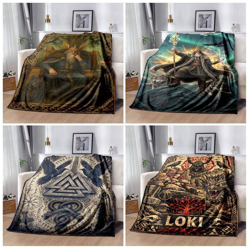 Odin Norse God Fleece Blanket, Viking Odin on Yggdrasil Throne with Wolves and Ravens Print Throw Blanket, Soft Blanket for Sofa Bedroom Decor