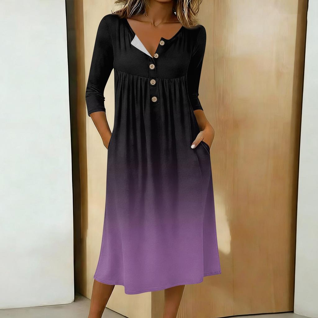 Women's Fashionable Color Printed Round Neck 3/4 Sleeve Button Collar Mid Length Casual Dress