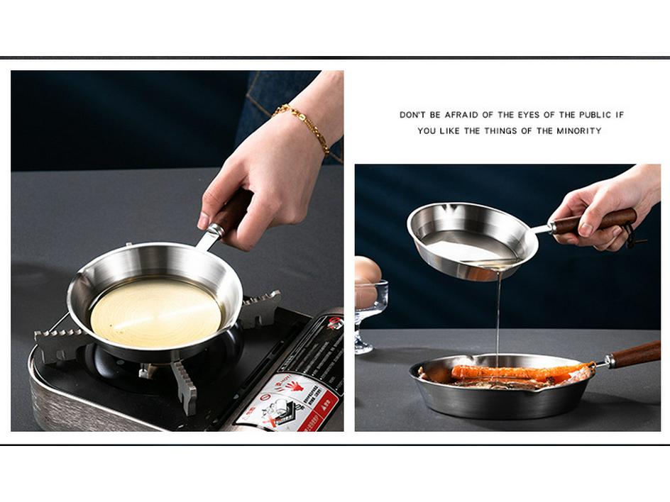 Mini Patelnia ze stali nierdzewnej 304 z płaskim dnem, drewnianą rączką i osłoną przeciw pryskaniu, niepowlekana patelnia do omletów