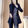 Trendy Striped Suit Set for Women Navy Blue Blazer and Pants Two Piece Workwear Office Lady Fashion Casual