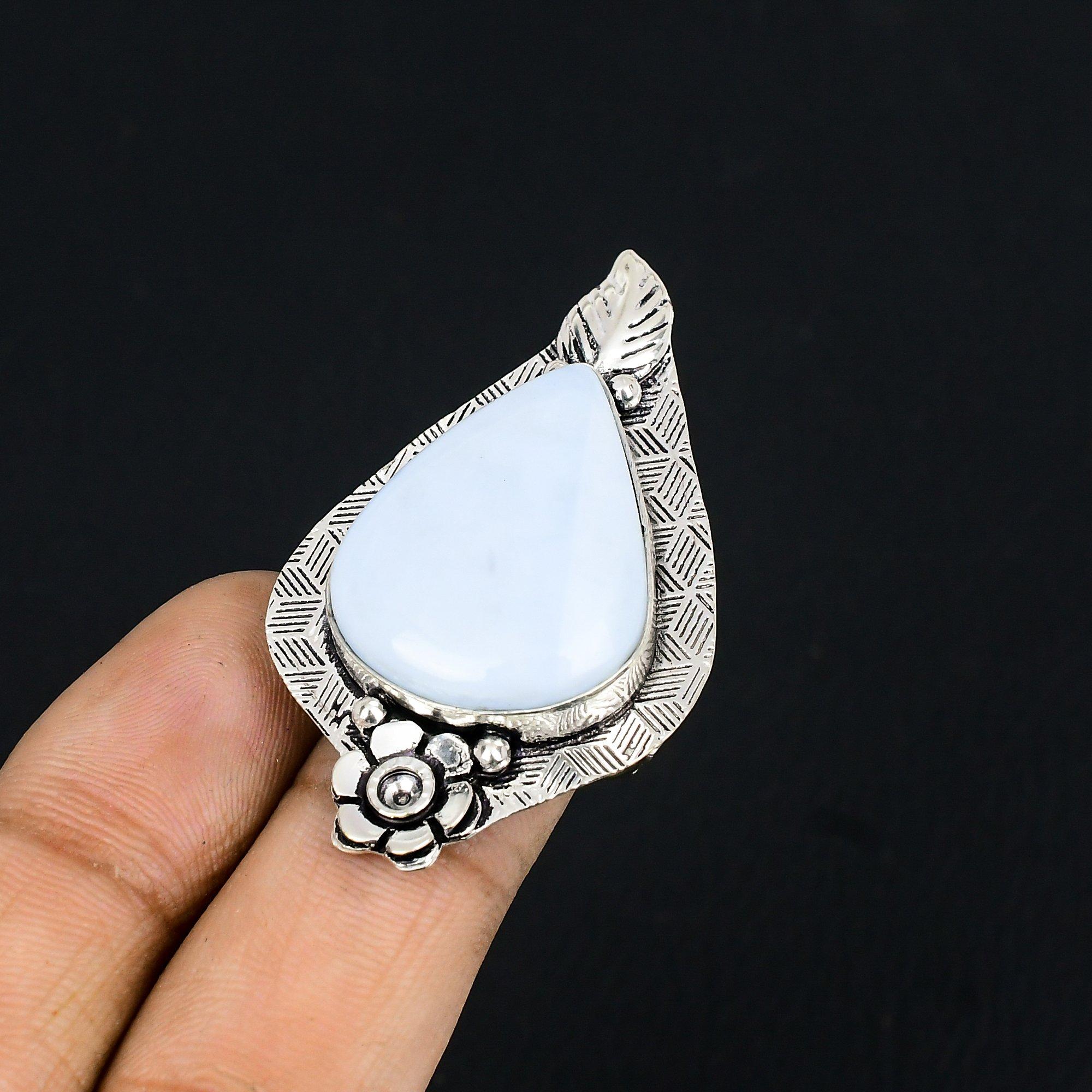 925 Sterling Silver Pear Owyhee Blue Opal Gemstone Promise Flower Ring Size 7 7