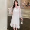 Ling Lei Autumn Solid Color Lace Bow Mesh Court Princess Style Long Nightdress Pajamas Loungewear Women