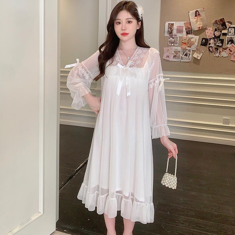 Ling Lei Autumn Solid Color Lace Bow Mesh Court Princess Style Long Nightdress Pajamas Loungewear Women