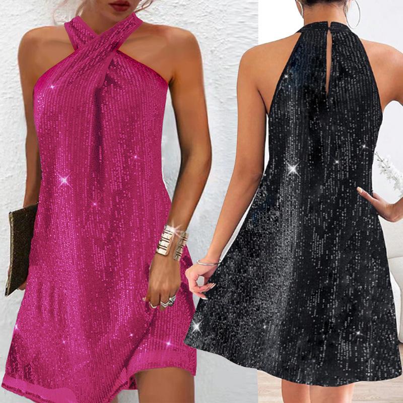 Summer new women's fashionable halter-neck off-shoulder sexy sequin gown