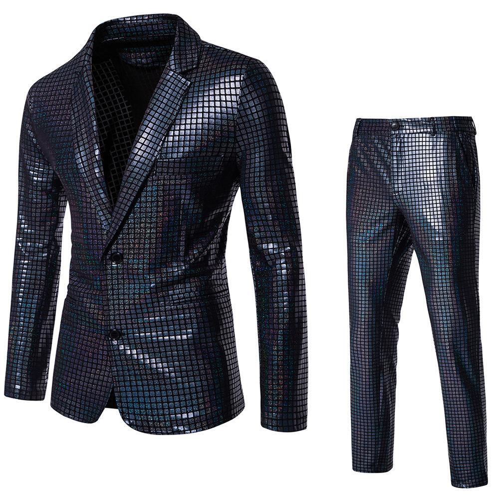 Men's Shiny 2 Pieces Suits Blazer Pants Terno Masculino Fashion Party DJ Club Dress Tuxedo Suit Men Stage Singer Clothes