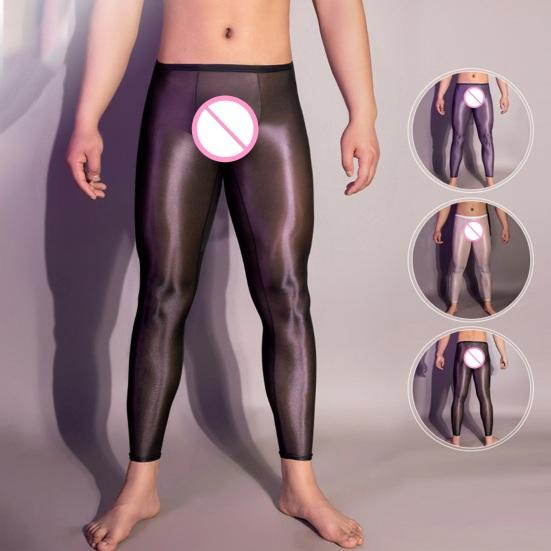 Pánské sexy dlouhé kalhoty průhledné olejově lesklé ultratenké strečové legíny lesklé ledové Silky Comfort úzké kalhoty