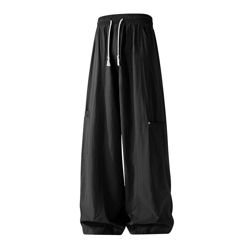 Summer Men's Cargo Wide Leg Pants Drawstring Elastic Waist Baggy Trousers