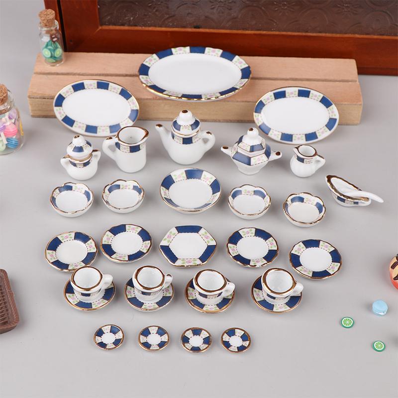1set 1/12 Dollhouse Mini Ceramics Coffee Tea Set Tableware Kit Dolls House Kitchen Decoration Toy Pretend Play Toys