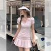 Pink shoulder short-sleeved polo shirt T-shirt women's summer slim-fit V-neck top pleated A-shaped half-body short culottes set