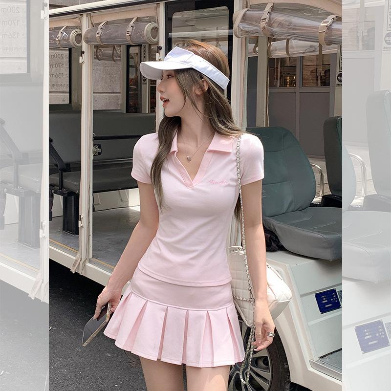 Pink shoulder short-sleeved polo shirt T-shirt women's summer slim-fit V-neck top pleated A-shaped half-body short culottes set
