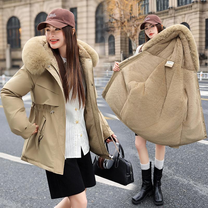 Parker Winter Damen Baumwollmantel Mittellang Großer Wollkragen Fleecegefüttert Baumwollwattiert Jacke Dicke Jacke