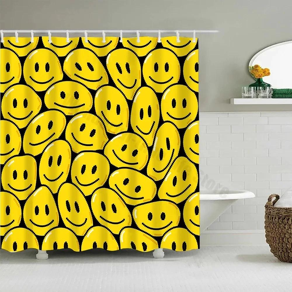 Cute Little Yellow Duck Shower Curtain Cartoon Funny Smiley Face Bathroom Waterproof Bath Duck Fabric 12 Hooks Bathroom Decor