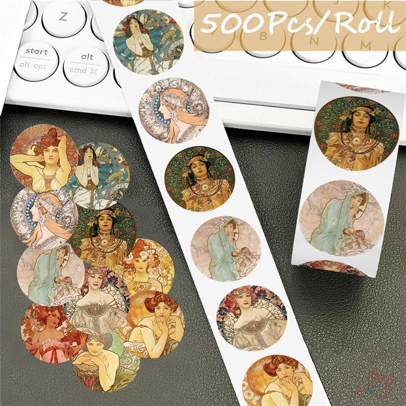 500Pcs/Roll Mucha Art. Retro Girls Kids Rewards Stickers - DIY Scrapbooks Album Decor Sealing Label Decals