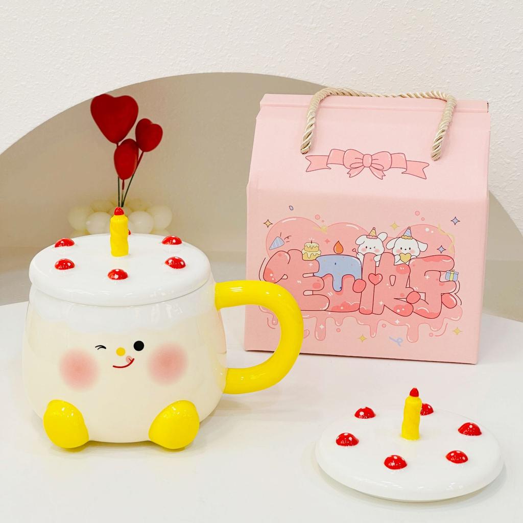 High looking Cake Ceramic Cup for Girls Cute Cartoon Home Set of Mug with Lid Coffee Cup Gift Box