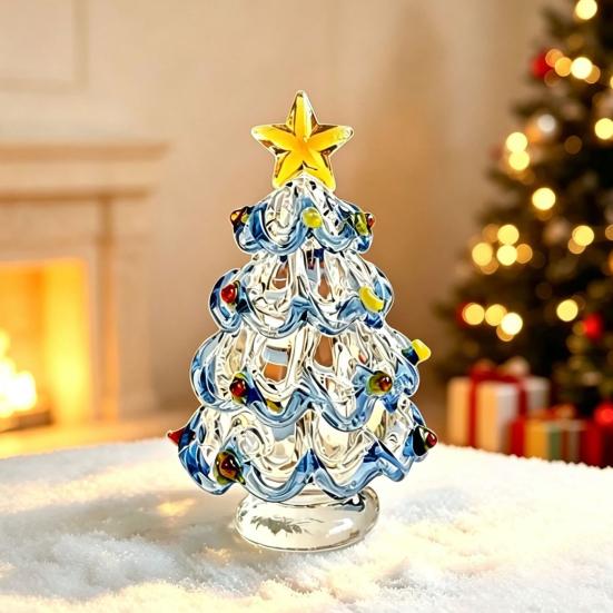 Festive Desktop Ornament Glazed Glass Christmas Tree Figurine, Handcrafted Modern Holiday Table Centerpiece for Display, Colorful Gift Friends