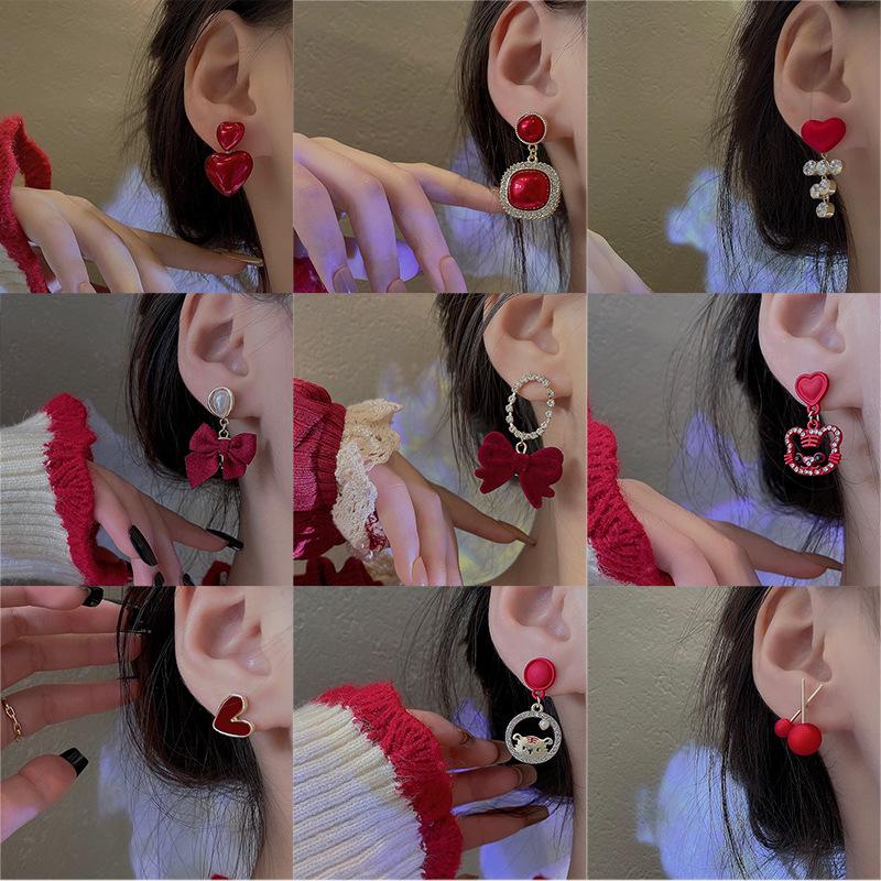 Silver needle new year red earrings women in wind stud earrings retro temperament ears