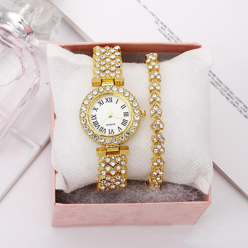 Trendy Unisex Populární Diamantové Dámské Hodinky Dámské Dvouvrstvé Diamantové Dámské Vysoce Kvalitní Luxusní Quartzové Hodinky Římský Vzor Náramek Módní 2KS