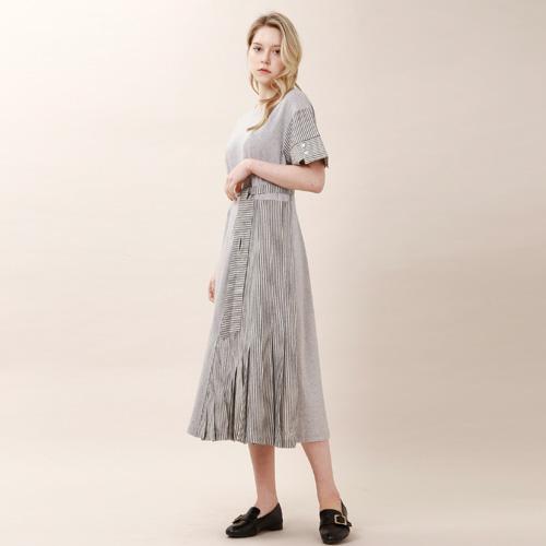 Bunderghost Striped Color Block Asymmetrical Short Sleeve Long Dress (Gray)