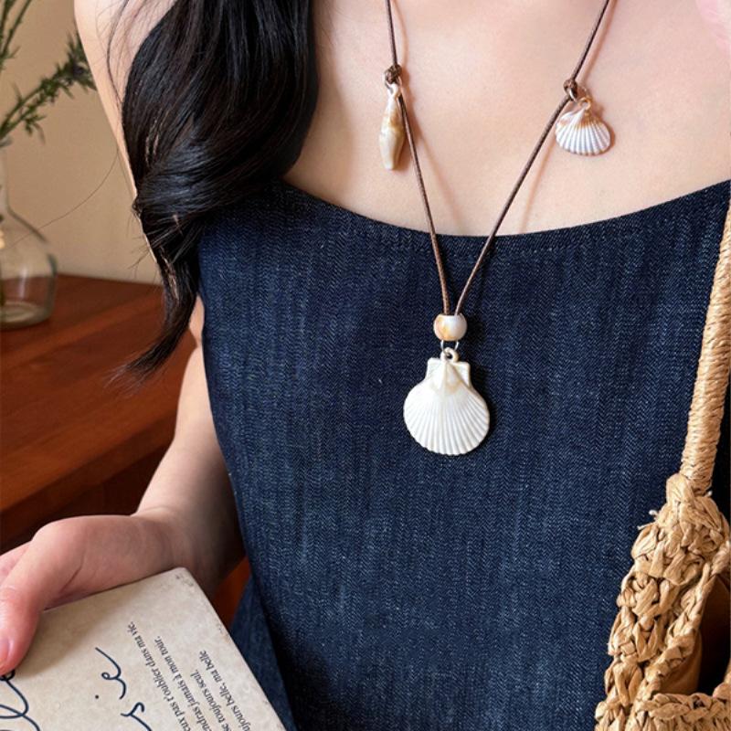 Starfish Shell Beaded Wax Rope Necklace Cute Bohemian Jewelry for Women Teen Girls Beach Vacation Wear
