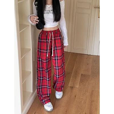 Pantalon Plaid en Coton pour Femmes Automne Décontracté Sport Taille Haute Jambe Large Droit Nouveau Style Pantalon Plaid pour Femmes