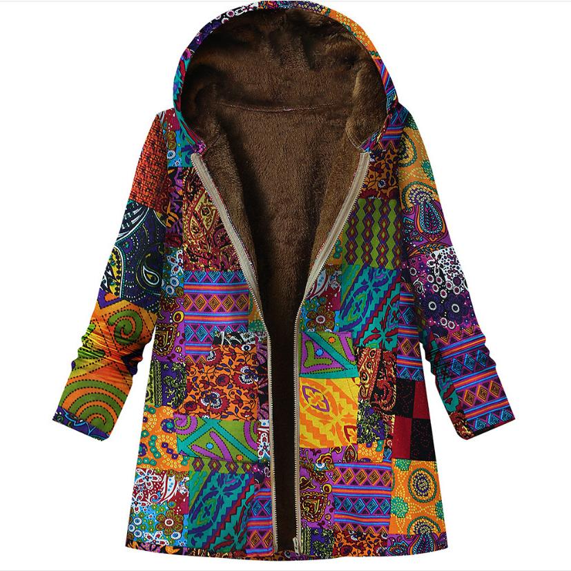 New Autumn Winter Women's Vintage Cotton Linen Coat, Thickened Zip-Up Hooded Jacket with Pockets and Floral Print