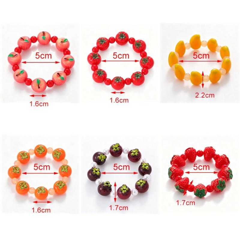 Colorful Fruit Beaded Stretch Bracelet with 3D Strawberry Orange Charms for Women
