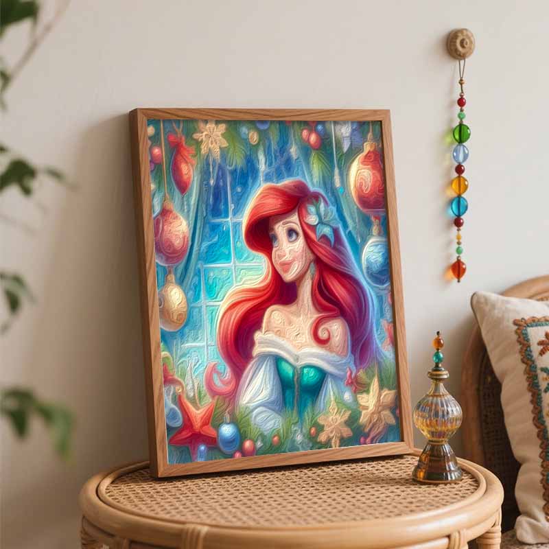 Disney Ariel Christmas Oil Painting Kit, Home Decor Handmade Gift, Elegant Mermaid Wall Art, Festive Holiday Decoration Painting