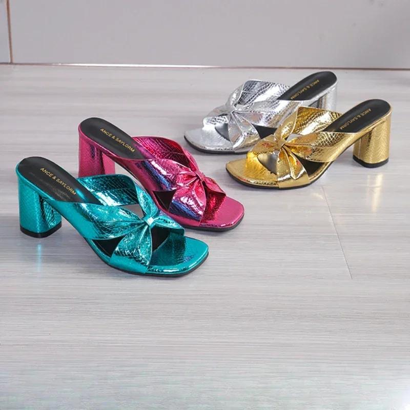 2024 Summer Silver Square Head Chunky Heel Flip-flops Open Toe Sandals French Gold High-heeled Half Slippers Shoes for Women