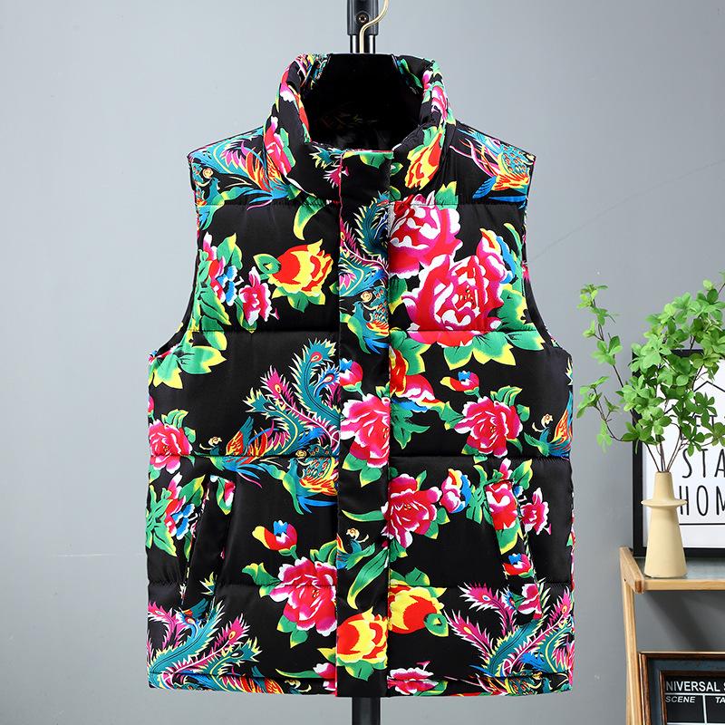 Übergröße Chinesischer Stil Verdickte Baumwolle Weste mit Blumenmuster Ärmellos Unisex Weste