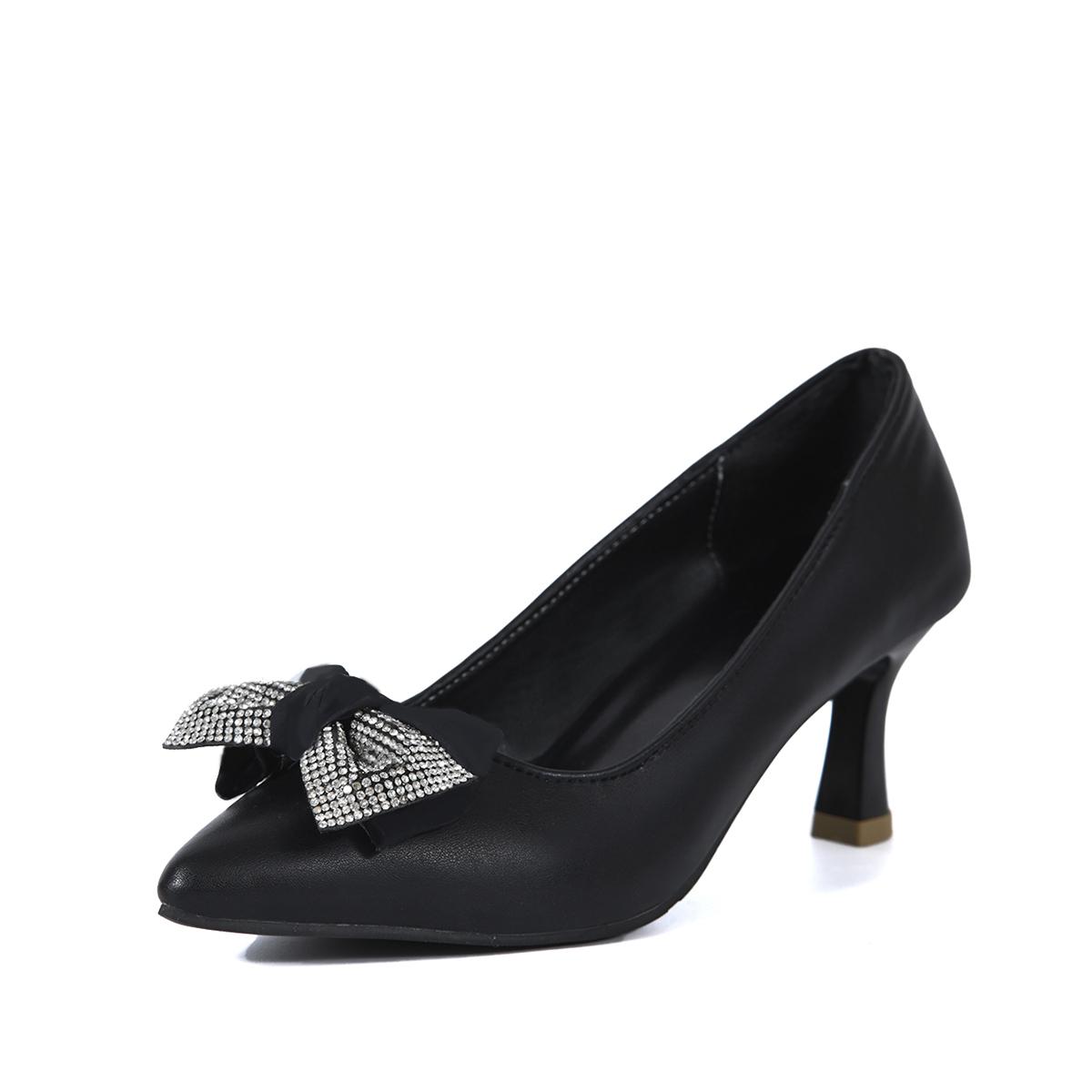 

Fashion Spring New Thin Heel Shoes Fashion Pointed Head Shallow Mouth Leather Rhinester Butterfly Knot A Slip-on Kitten Heels 43 чёрный